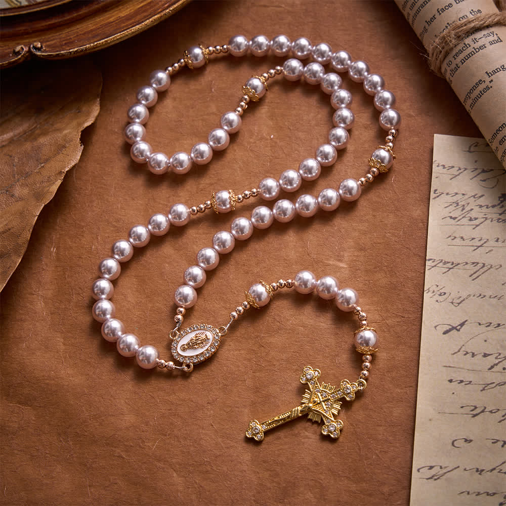 Christianartworkshop Rosario de Nuestra Señora de Perlas Rosas Pálidas con Crucifijo Dorado Joyado: Emblema de Pura Ternura Celestial - image 3
