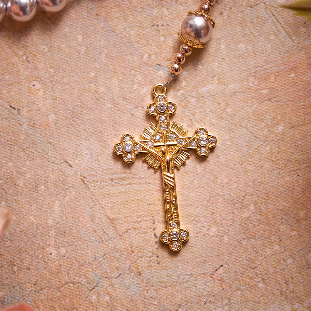 Christianartworkshop Rosario de Nuestra Señora de Perlas Rosas Pálidas con Crucifijo Dorado Joyado: Emblema de Pura Ternura Celestial - image 7