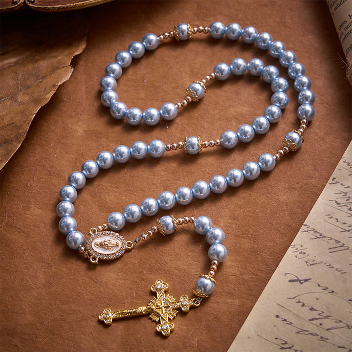 Christianartworkshop Rosario de Nuestra Señora con perlas azul cielo y crucifijo dorado enjoyado: emblema de la serena paz celestial. - image 3