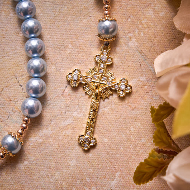 Christianartworkshop Rosario de Nuestra Señora con perlas azul cielo y crucifijo dorado enjoyado: emblema de la serena paz celestial. - image 5