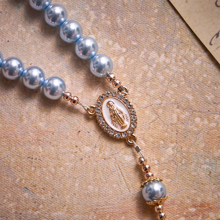 Christianartworkshop Rosario de Nuestra Señora con perlas azul cielo y crucifijo dorado enjoyado: emblema de la serena paz celestial. - image 6