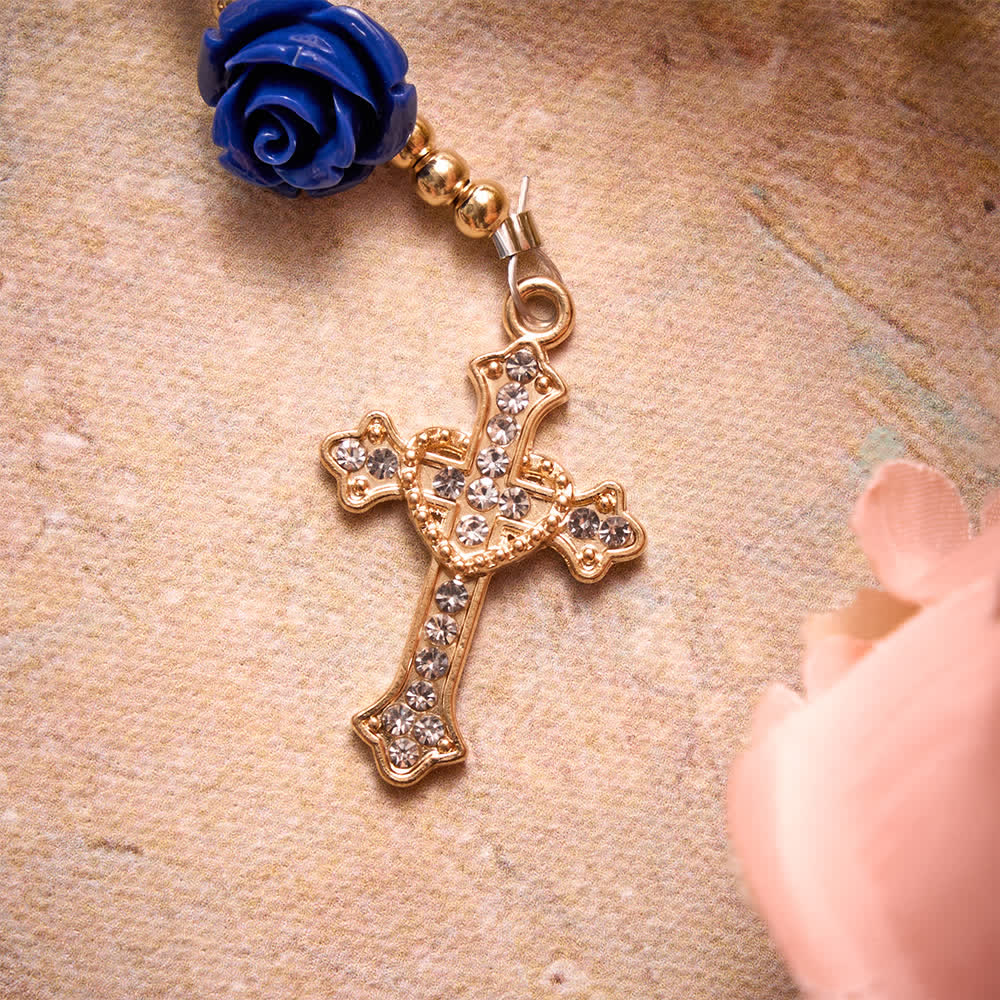 Christianartworkshop Rosario de cuentas de porcelana azul con adornos de rosas azules y medalla de Nuestra Señora de Aparecida. - image 7