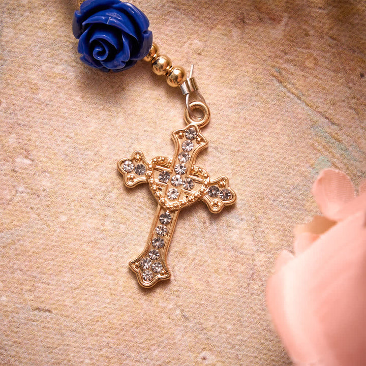Christianartworkshop Rosario de cuentas de porcelana azul con adornos de rosas azules y medalla de Nuestra Señora de Aparecida. - image 7