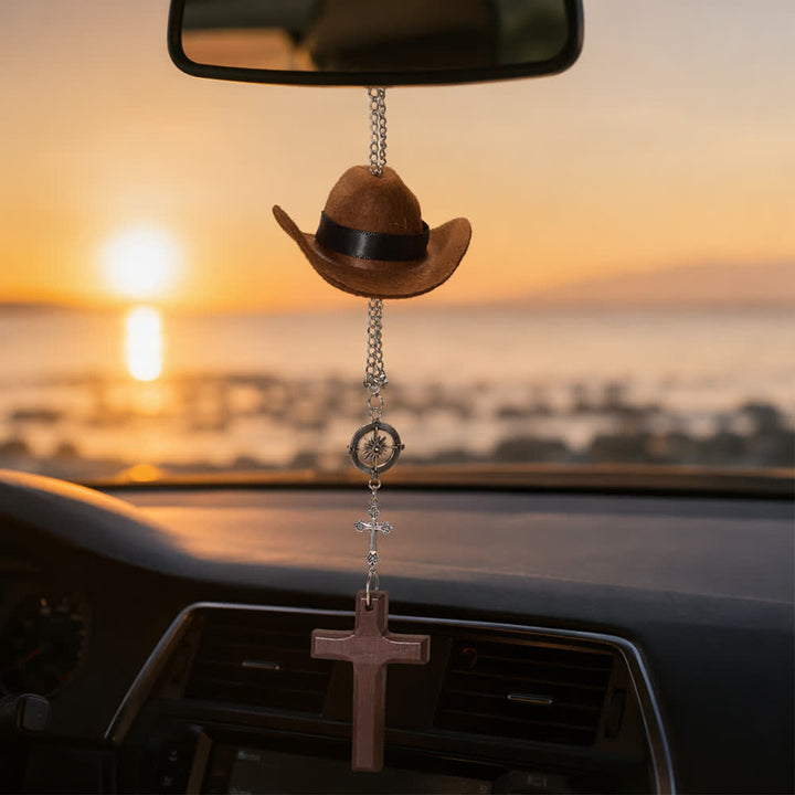 Christianartworkshop Colgante de madera con cruz y brújula en forma de sombrero de vaquero para coche: símbolo atemporal de guía celestial constante. - Marrón - image 6