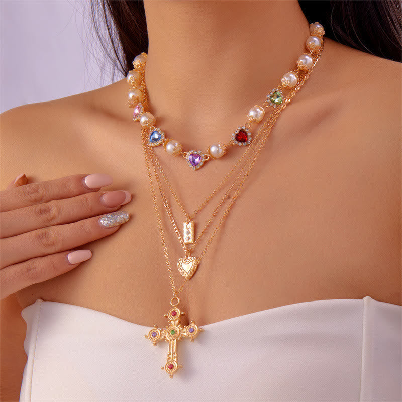 Christianartworkshop Collar vintage de cadena con cruz, perlas y corazón adornado con joyas: emblema de la eterna misericordia celestial. - Dorado - image 0