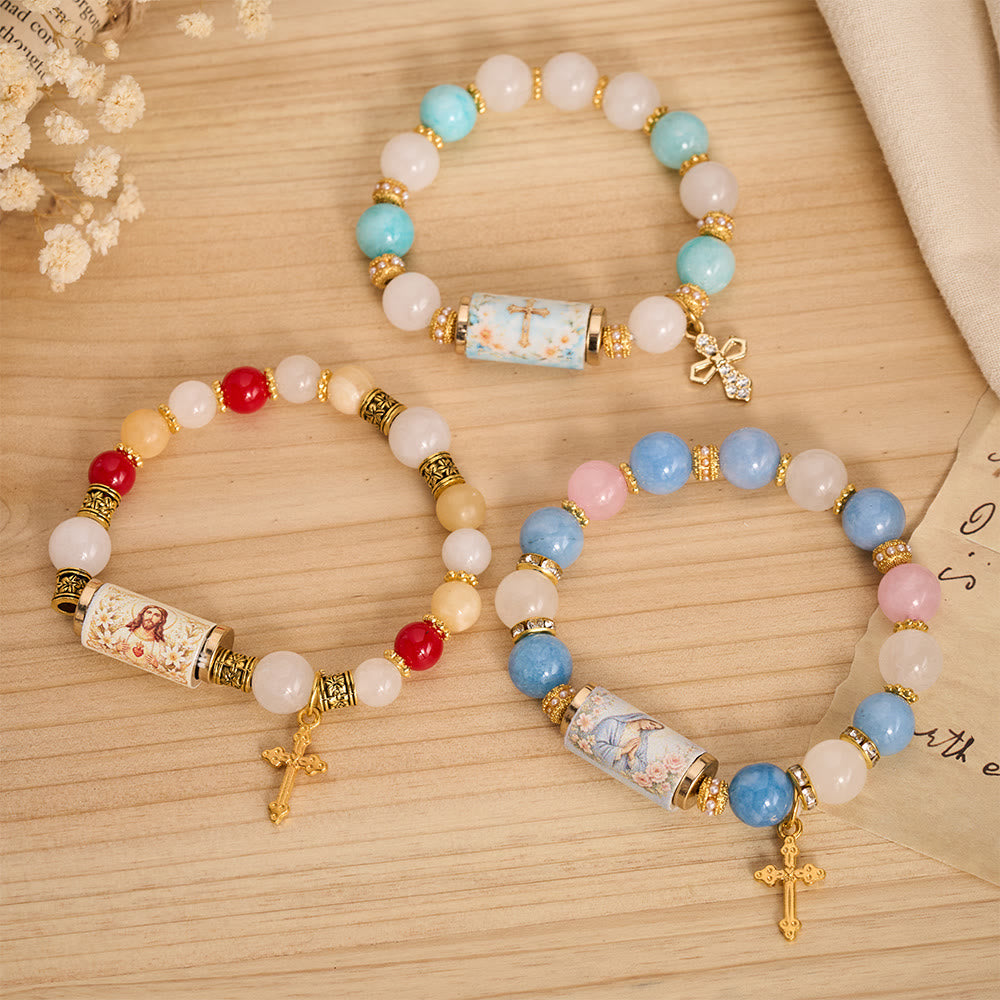 Christianartworkshop Pulsera vintage de cuentas cilíndricas estampadas con dije de cruz: emblema de la dulce misericordia celestial. - image 1