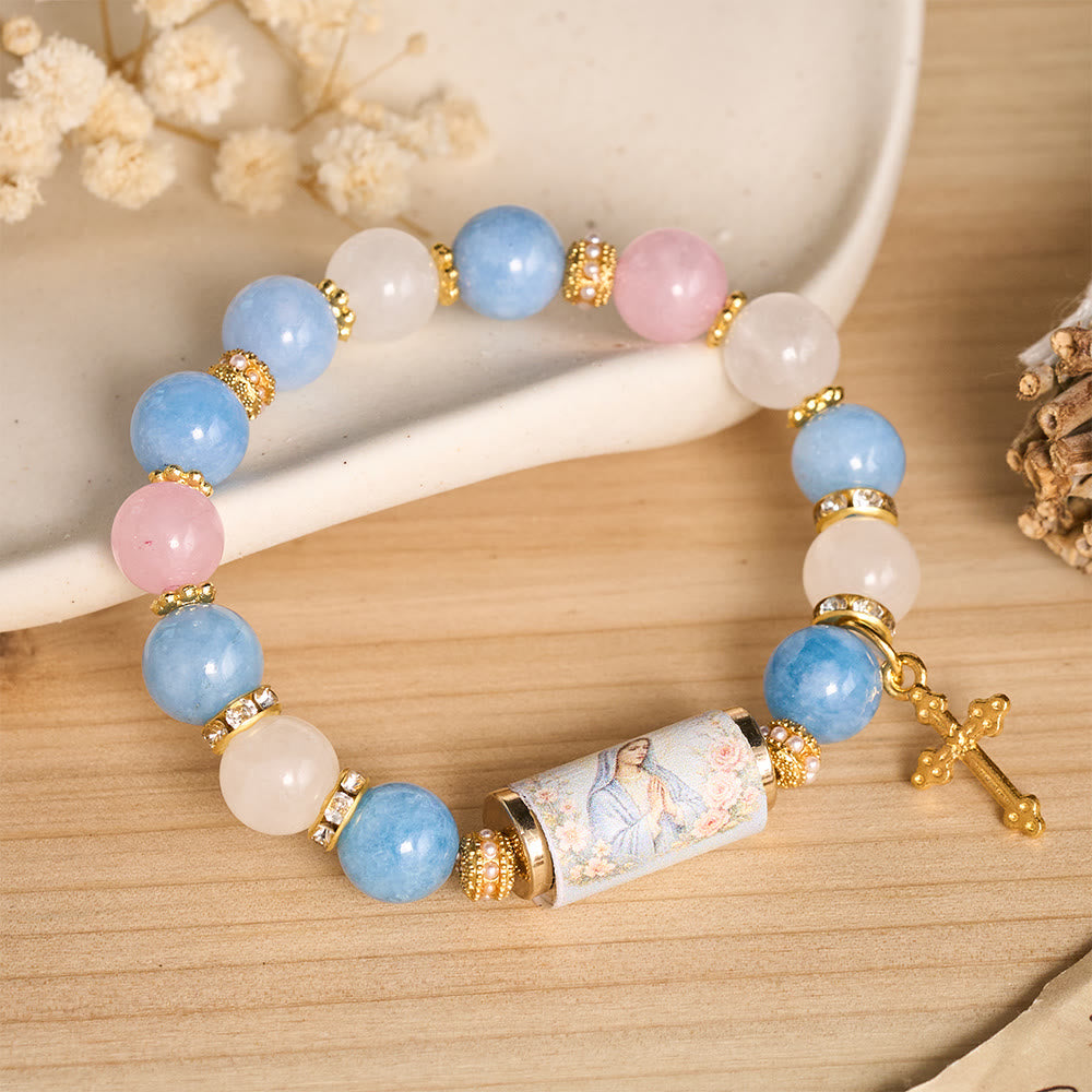 Christianartworkshop Pulsera vintage de cuentas cilíndricas estampadas con dije de cruz: emblema de la dulce misericordia celestial. - Nª Sª - image 0