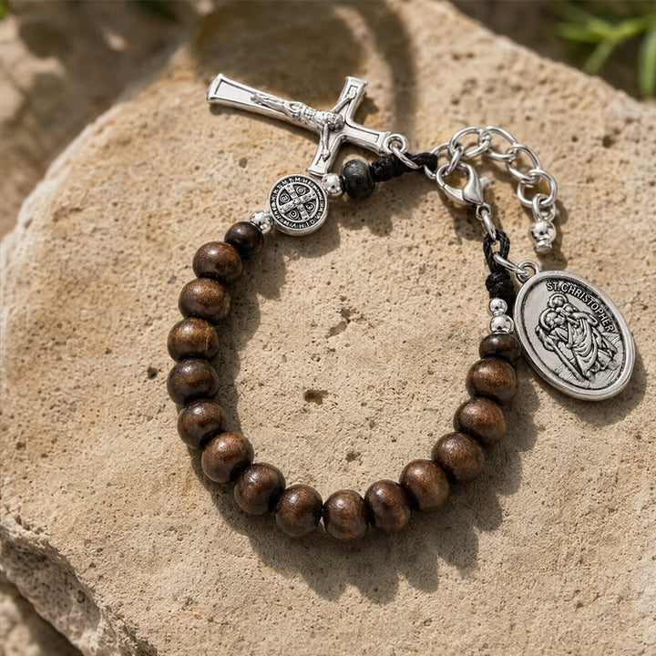 Christianartworkshop Pulsera del Rosario de San Cristóbal con cuentas de madera natural: Emblema de un viaje seguro y protección celestial. - image 3