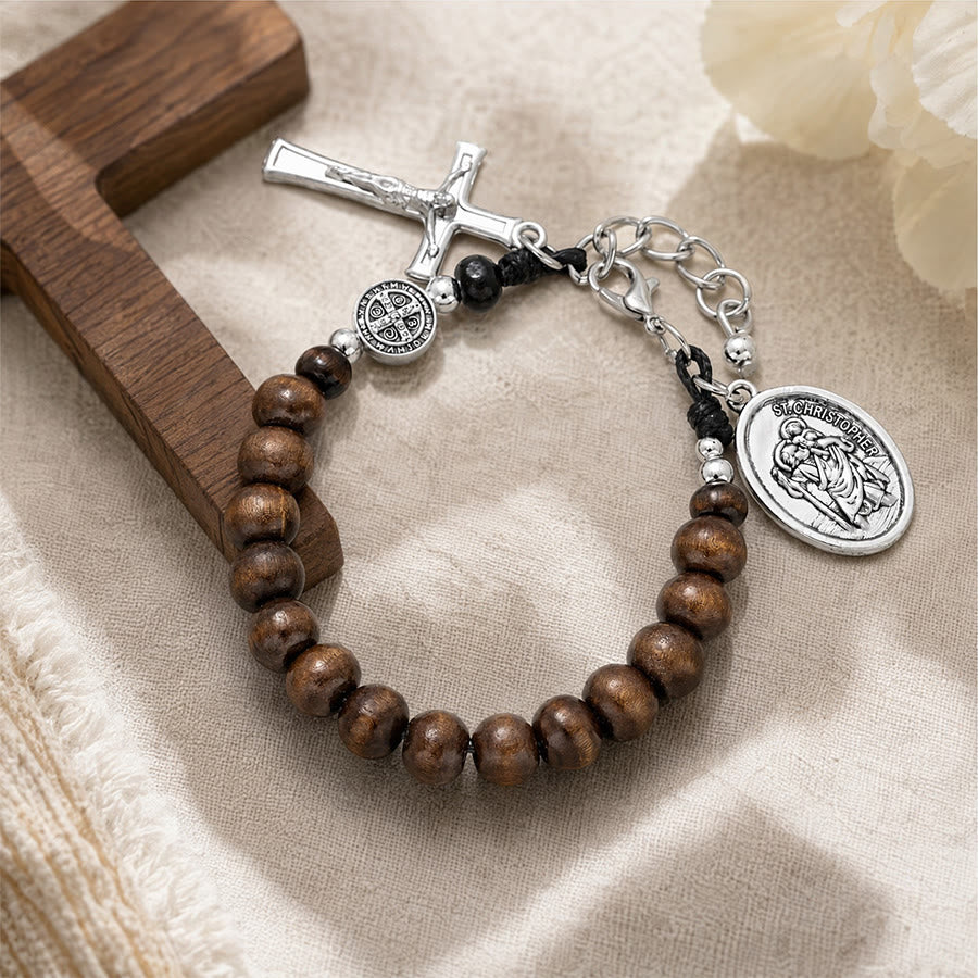 Christianartworkshop Pulsera del Rosario de San Cristóbal con cuentas de madera natural: Emblema de un viaje seguro y protección celestial. - image 1