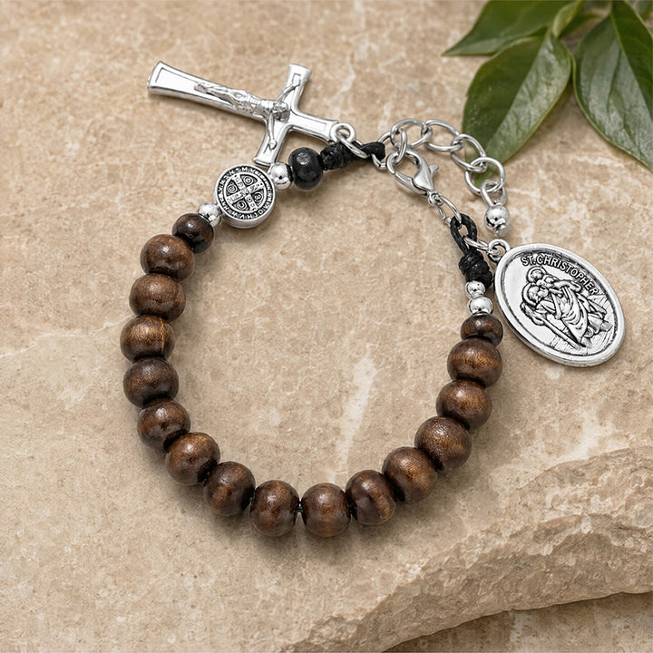 Christianartworkshop Pulsera del Rosario de San Cristóbal con cuentas de madera natural: Emblema de un viaje seguro y protección celestial. - image 5