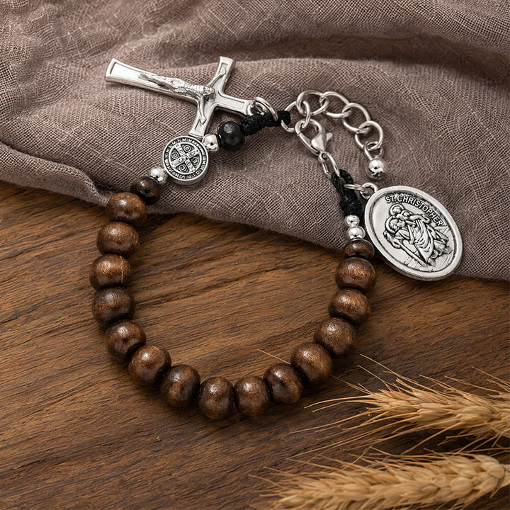 Christianartworkshop Pulsera del Rosario de San Cristóbal con cuentas de madera natural: Emblema de un viaje seguro y protección celestial. - image 6