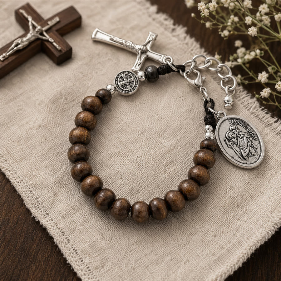 Christianartworkshop Pulsera del Rosario de San Cristóbal con cuentas de madera natural: Emblema de un viaje seguro y protección celestial. - image 4