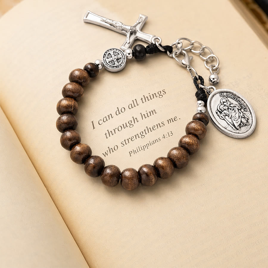 Christianartworkshop Pulsera del Rosario de San Cristóbal con cuentas de madera natural: Emblema de un viaje seguro y protección celestial. - Marrón medio - image 0