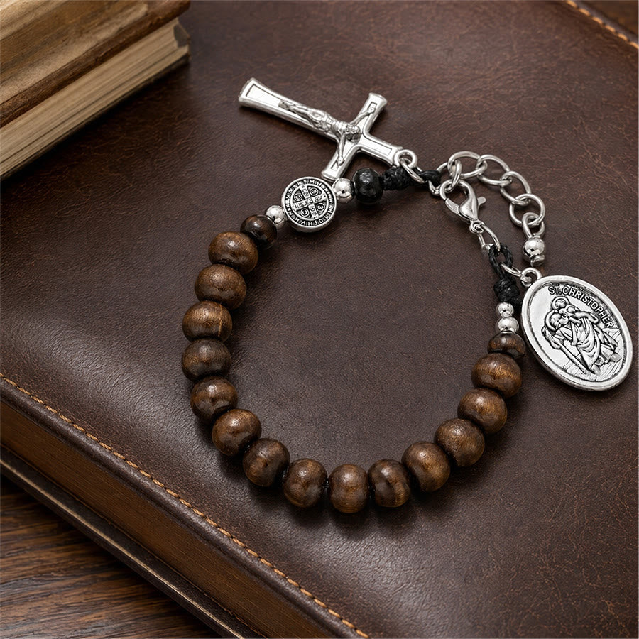 Christianartworkshop Pulsera del Rosario de San Cristóbal con cuentas de madera natural: Emblema de un viaje seguro y protección celestial. - image 2