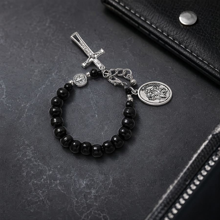Christianartworkshop Pulsera del Rosario de San Cristóbal con cuentas de madera natural: Emblema de un viaje seguro y protección celestial. - Negro - image 7