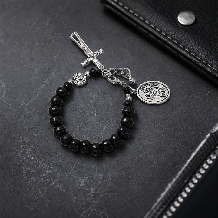 Christianartworkshop Pulsera del Rosario de San Cristóbal con cuentas de madera natural: Emblema de un viaje seguro y protección celestial. - Negro - image 7