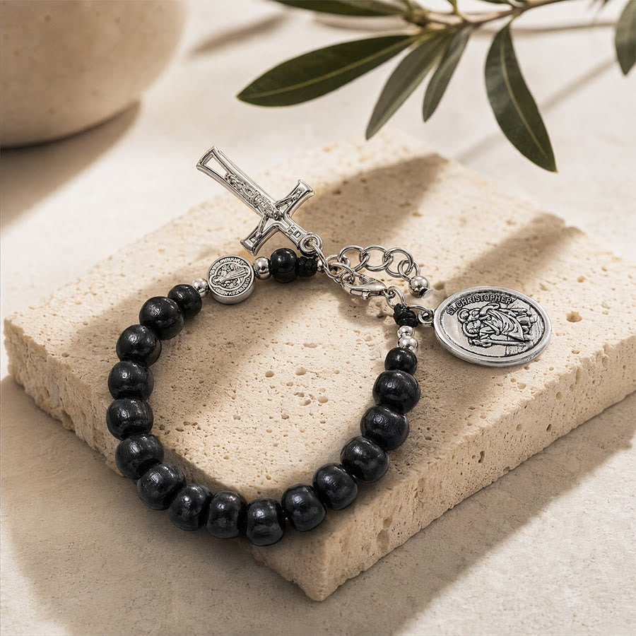Christianartworkshop Pulsera del Rosario de San Cristóbal con cuentas de madera natural: Emblema de un viaje seguro y protección celestial. - image 9