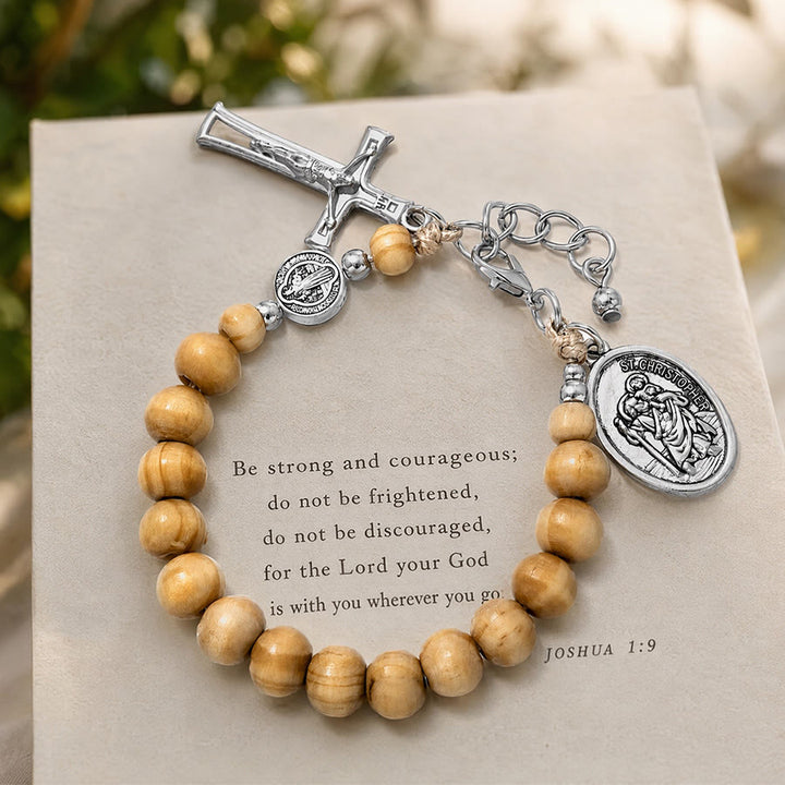 Christianartworkshop Pulsera del Rosario de San Cristóbal con cuentas de madera natural: Emblema de un viaje seguro y protección celestial. - image 14