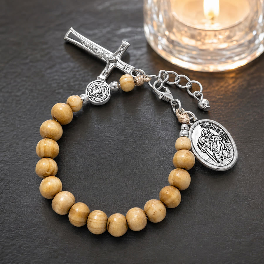 Christianartworkshop Pulsera del Rosario de San Cristóbal con cuentas de madera natural: Emblema de un viaje seguro y protección celestial. - Madera natural clara - image 13