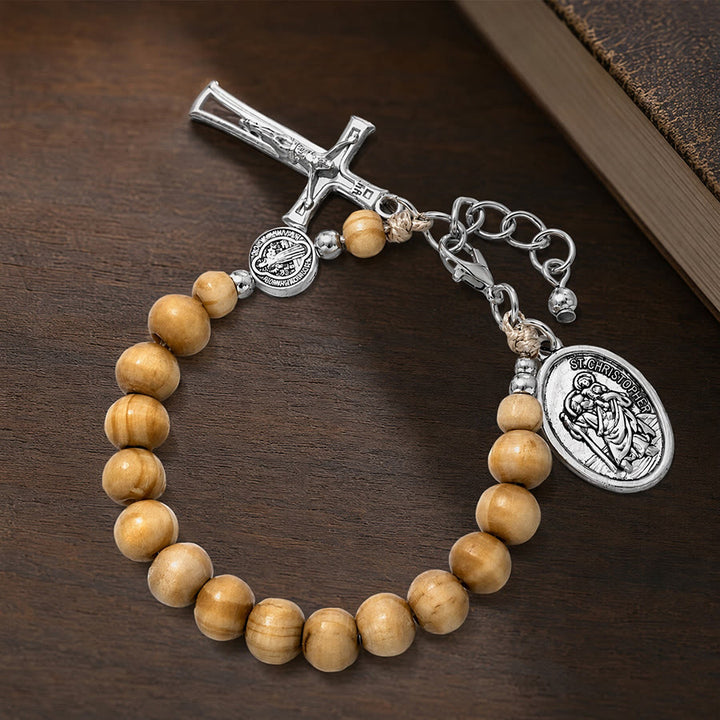 Christianartworkshop Pulsera del Rosario de San Cristóbal con cuentas de madera natural: Emblema de un viaje seguro y protección celestial. - image 15