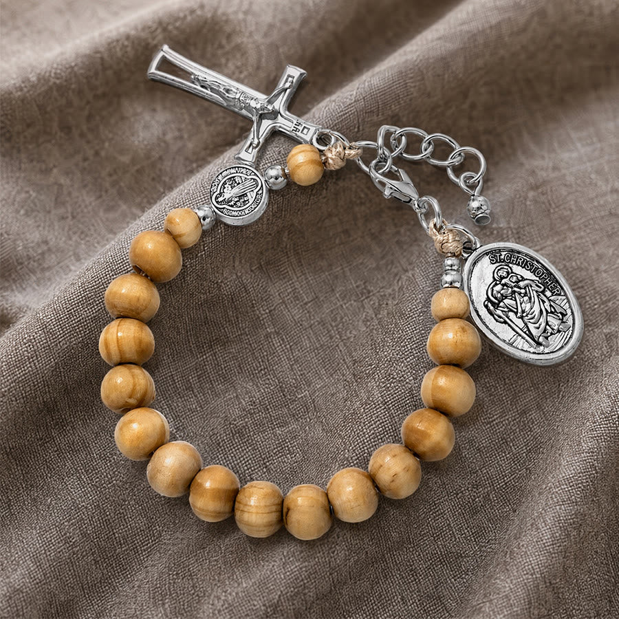 Christianartworkshop Pulsera del Rosario de San Cristóbal con cuentas de madera natural: Emblema de un viaje seguro y protección celestial. - image 18