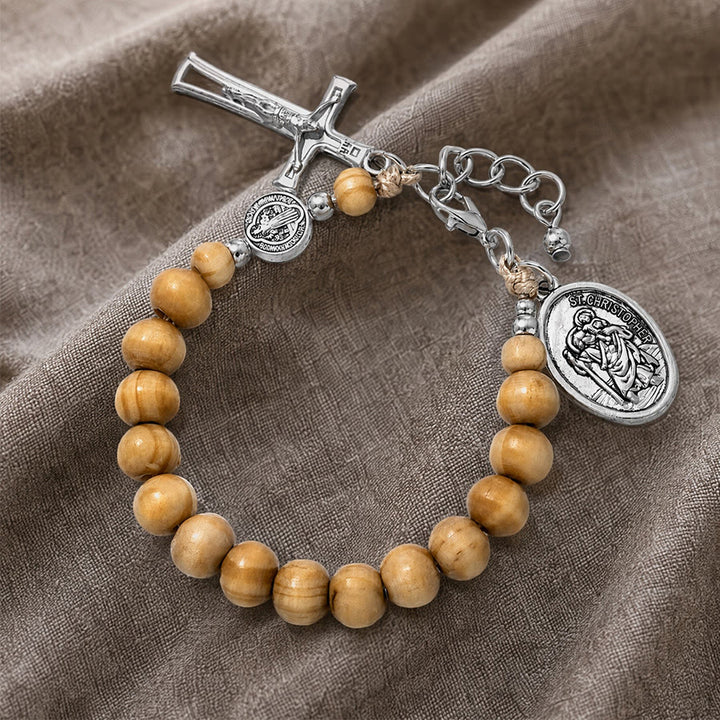 Christianartworkshop Pulsera del Rosario de San Cristóbal con cuentas de madera natural: Emblema de un viaje seguro y protección celestial. - image 18