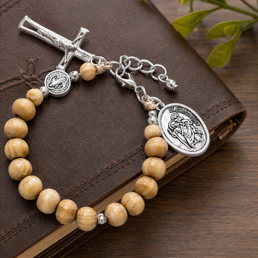 Christianartworkshop Pulsera del Rosario de San Cristóbal con cuentas de madera natural: Emblema de un viaje seguro y protección celestial. - image 16