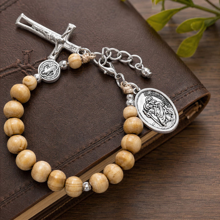 Christianartworkshop Pulsera del Rosario de San Cristóbal con cuentas de madera natural: Emblema de un viaje seguro y protección celestial. - image 16