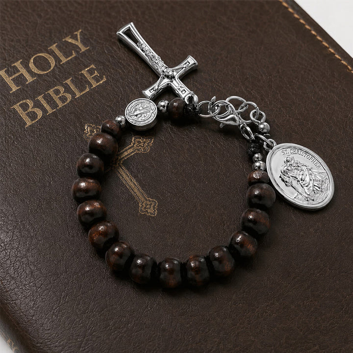 Christianartworkshop Pulsera del Rosario de San Cristóbal con cuentas de madera natural: Emblema de un viaje seguro y protección celestial. - image 24