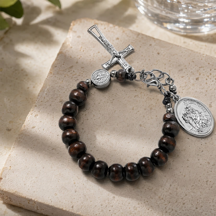Christianartworkshop Pulsera del Rosario de San Cristóbal con cuentas de madera natural: Emblema de un viaje seguro y protección celestial. - Marrón ébano oscuro - image 19