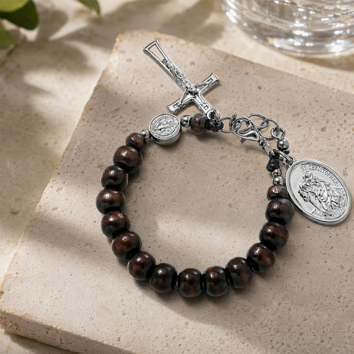Christianartworkshop Pulsera del Rosario de San Cristóbal con cuentas de madera natural: Emblema de un viaje seguro y protección celestial. - Marrón ébano oscuro - image 19