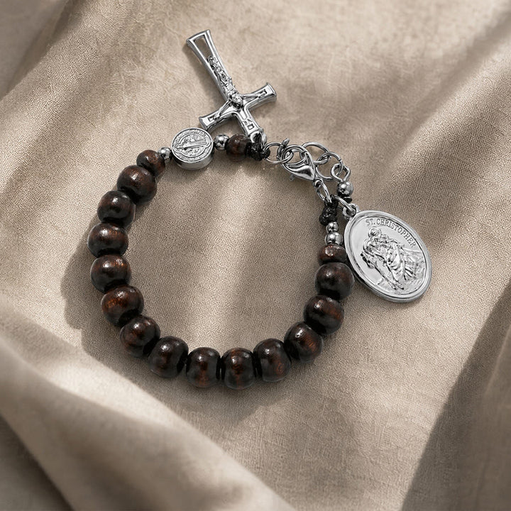 Christianartworkshop Pulsera del Rosario de San Cristóbal con cuentas de madera natural: Emblema de un viaje seguro y protección celestial. - image 20