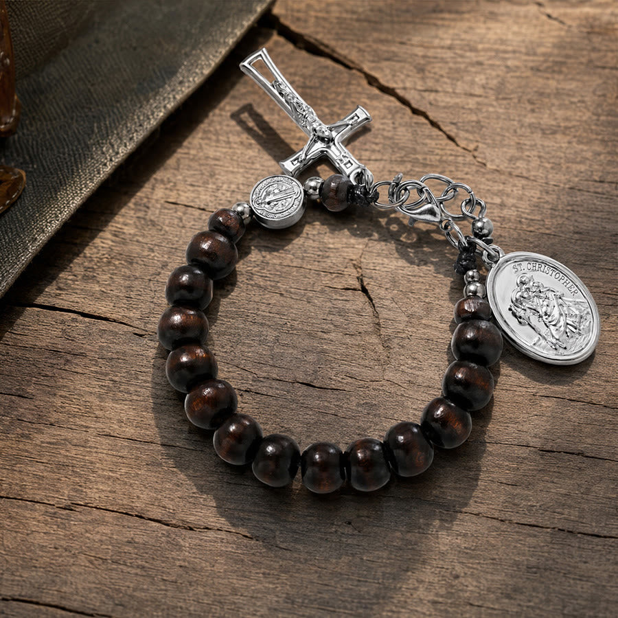 Christianartworkshop Pulsera del Rosario de San Cristóbal con cuentas de madera natural: Emblema de un viaje seguro y protección celestial. - image 23