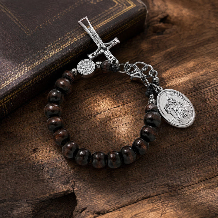 Christianartworkshop Pulsera del Rosario de San Cristóbal con cuentas de madera natural: Emblema de un viaje seguro y protección celestial. - image 22