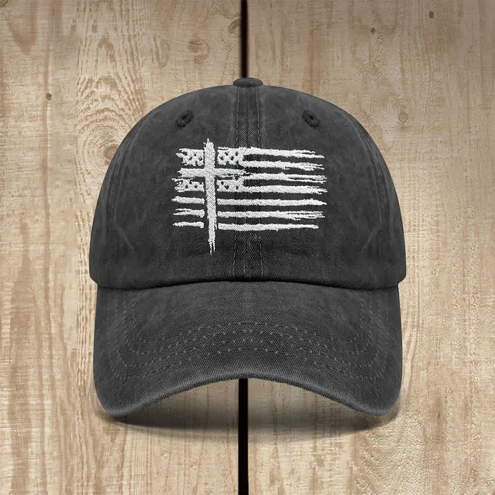 Christianartworkshop Gorra clásica informal con bordado de cruz y bandera estadounidense desgastada - La bandera y la cruz de los Estados Unidos - image 0