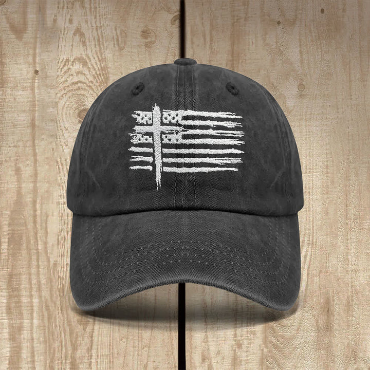 Christianartworkshop Gorra clásica informal con bordado de cruz y bandera estadounidense desgastada - La bandera y la cruz de los Estados Unidos - image 0