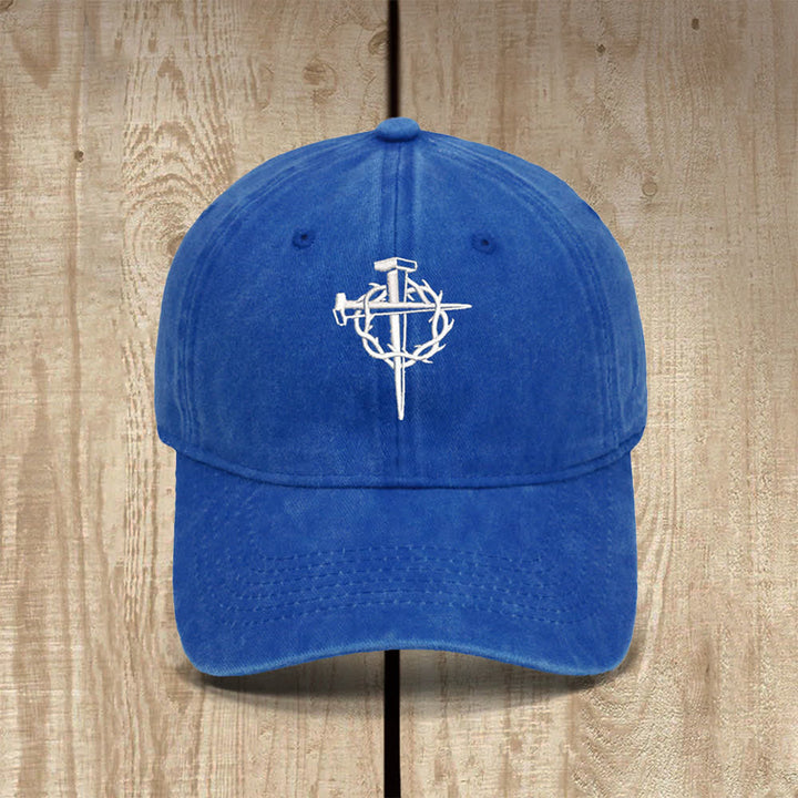 Christianartworkshop Sombrero clásico informal bordado con símbolo de cruz y clavos de corona de espinas - Azul real - image 15