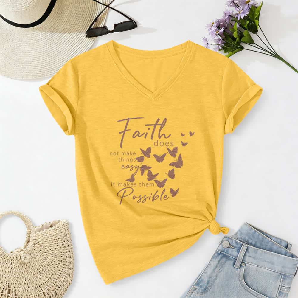 Christianartworkshop La fe no hace las cosas fáciles. Camiseta informal con cuello en V y estampado de mariposa. - Amarillo - 2XL - image 24