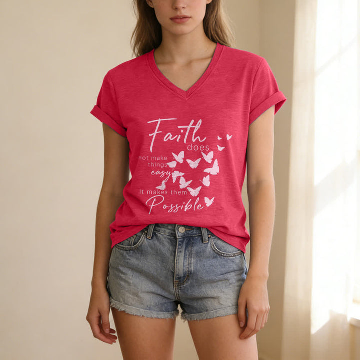 Christianartworkshop La fe no hace las cosas fáciles. Camiseta informal con cuello en V y estampado de mariposa. - image 15