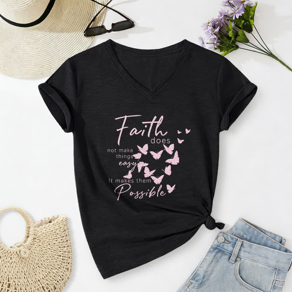 Christianartworkshop La fe no hace las cosas fáciles. Camiseta informal con cuello en V y estampado de mariposa. - Negro - 2XL - image 12