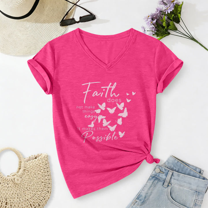 Christianartworkshop La fe no hace las cosas fáciles. Camiseta informal con cuello en V y estampado de mariposa. - Rosa - 2XL - image 22