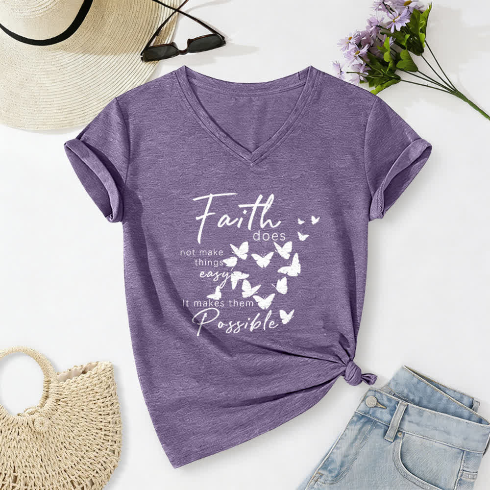 Christianartworkshop La fe no hace las cosas fáciles. Camiseta informal con cuello en V y estampado de mariposa. - Púrpura - 2XL - image 16