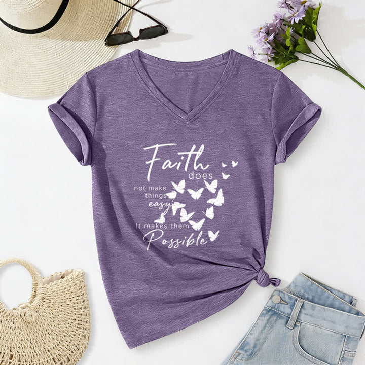 Christianartworkshop La fe no hace las cosas fáciles. Camiseta informal con cuello en V y estampado de mariposa. - Púrpura - 2XL - image 16