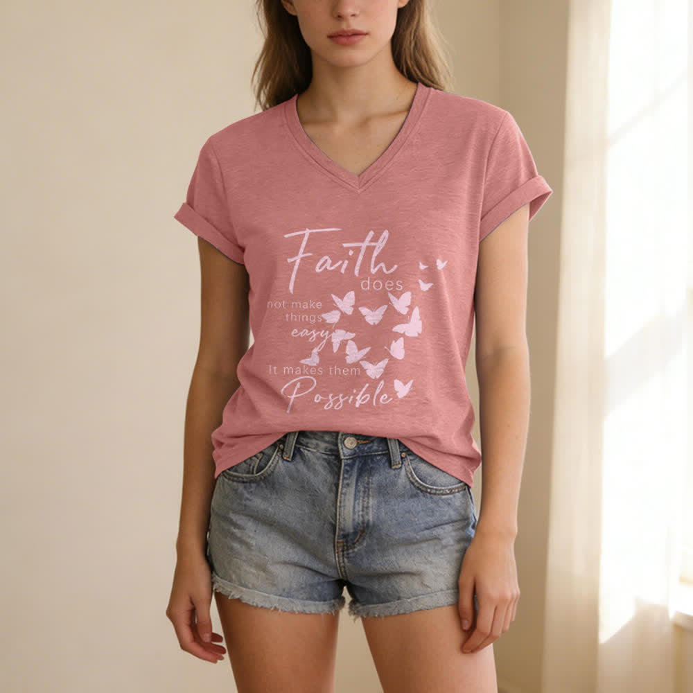 Christianartworkshop La fe no hace las cosas fáciles. Camiseta informal con cuello en V y estampado de mariposa. - image 19