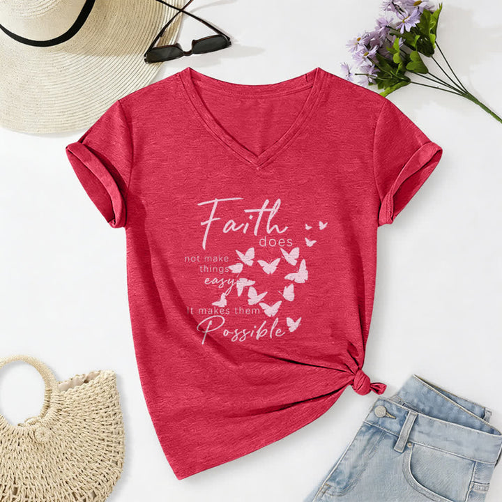Christianartworkshop La fe no hace las cosas fáciles. Camiseta informal con cuello en V y estampado de mariposa. - Rojo - 2XL - image 14