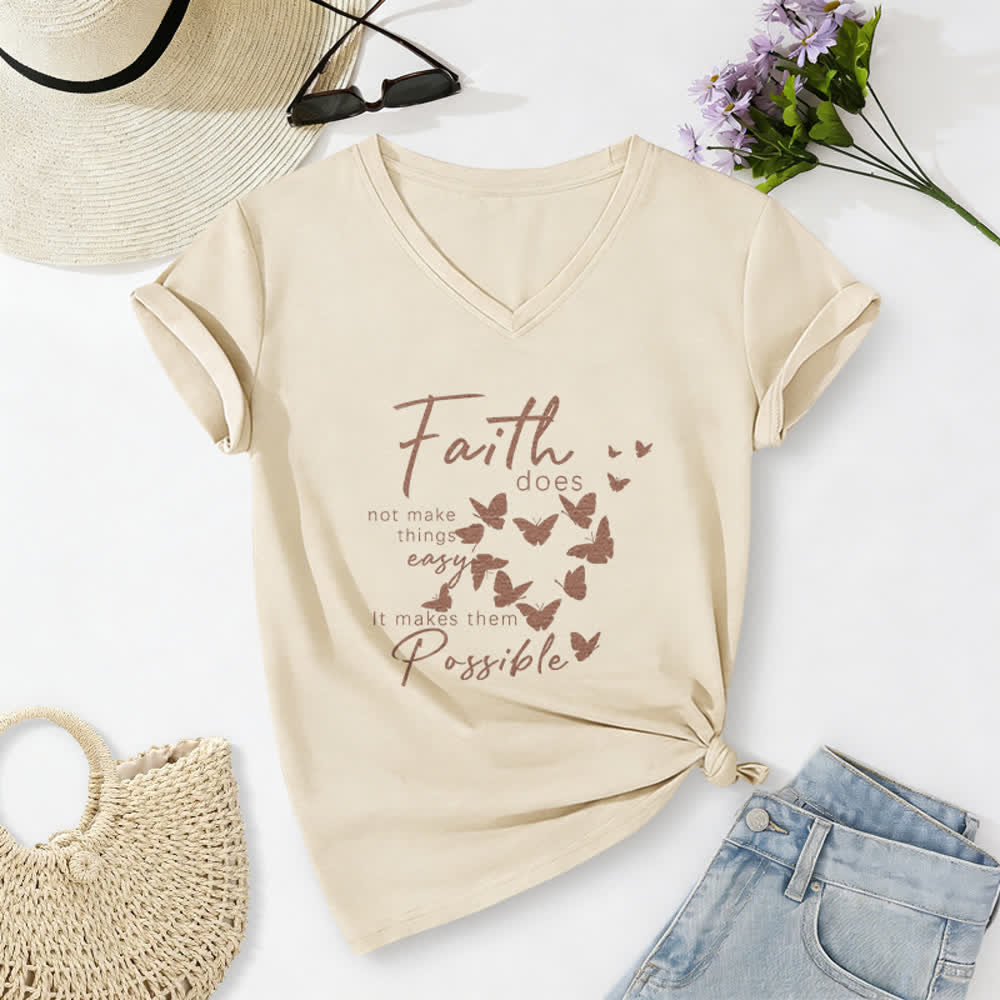 Christianartworkshop La fe no hace las cosas fáciles. Camiseta informal con cuello en V y estampado de mariposa. - Beige - 2XL - image 0