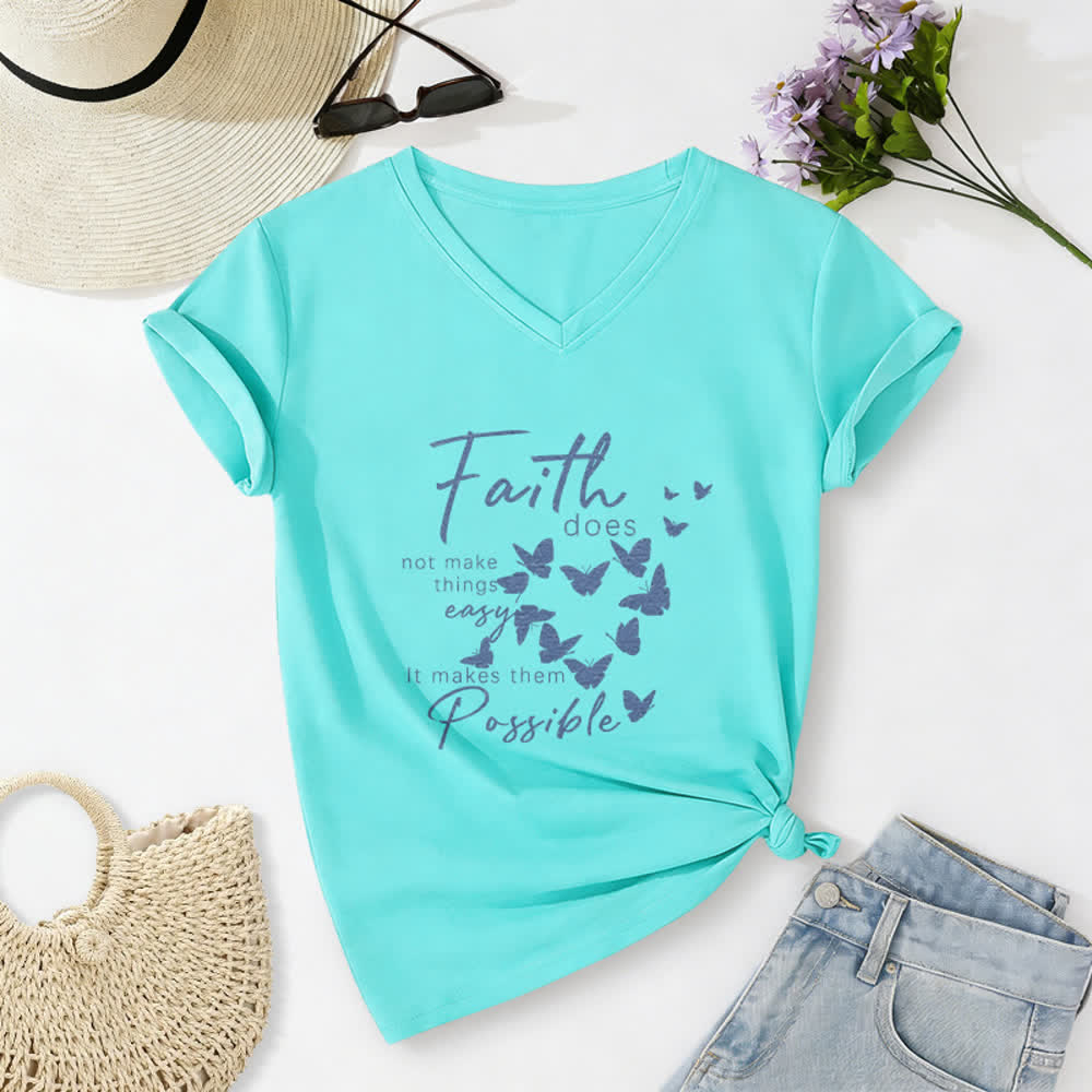 Christianartworkshop La fe no hace las cosas fáciles. Camiseta informal con cuello en V y estampado de mariposa. - Azul cielo - 2XL - image 20