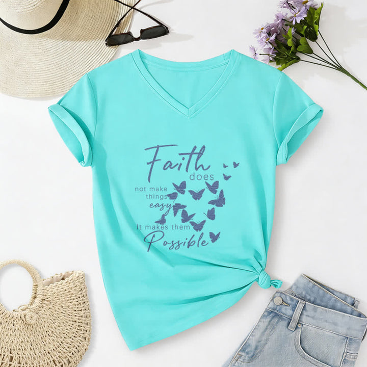 Christianartworkshop La fe no hace las cosas fáciles. Camiseta informal con cuello en V y estampado de mariposa. - Azul cielo - 2XL - image 20
