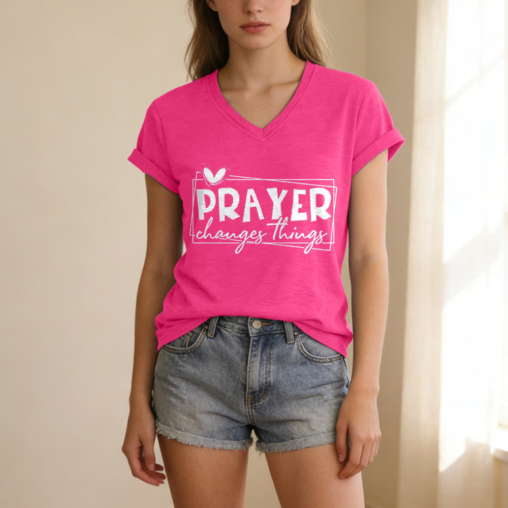 Christianartworkshop Camiseta informal con cuello en V y estampado de corazón "La oración cambia las cosas" - image 23