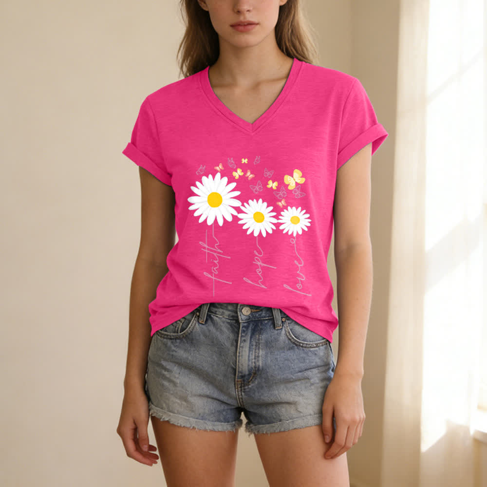 Christianartworkshop Camiseta informal con cuello en V y estampado floral de margaritas y mariposas "Fe, Esperanza, Amor". - image 23